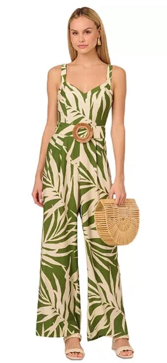 Adrianna Papell Pants - Adrianna Papell Green Ivory Palm Print Wide Leg Jumpsuit 12 NWT